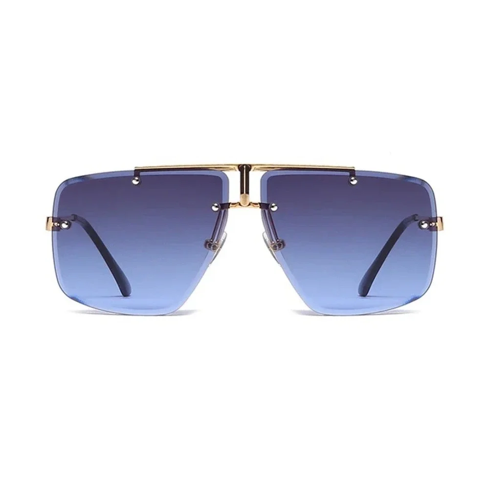 Men Rimless Square‎ Sunglasses Gradient Blue Lens Gold Frame Oversized Fashion